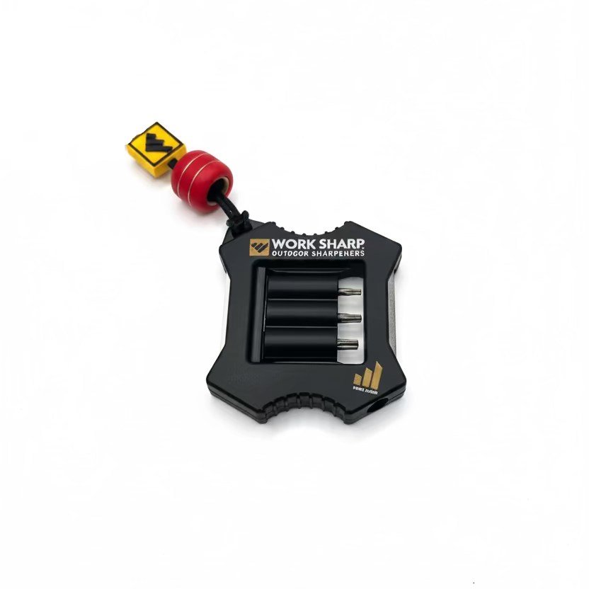 A black Work Share magnetic power bank with a red and yellow keychain lanyard, shown on a plain light gray background.