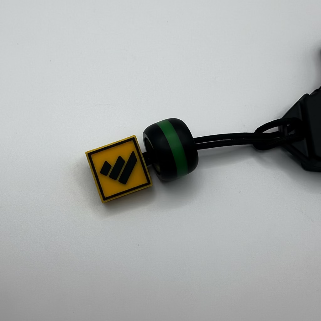 A close-up of a small yellow square charm or tag with a black geometric logo, attached to a black cord with a green-and-black bead, on a plain light background.